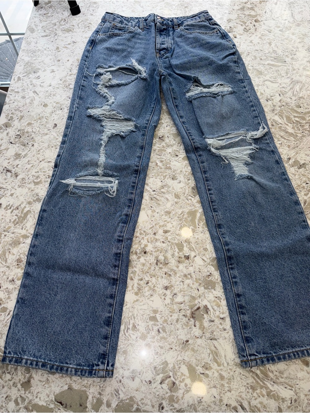 Fashion Nova Women's Distressed Mid Blue Flare Jeans